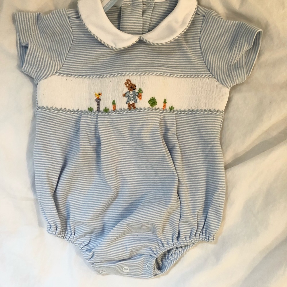 PETIT BEBE KNITS BABY BOYS BLUE STRIPED KNIT BUBBLE - SMOCKED PETER RABBIT - Picture 2 of 3